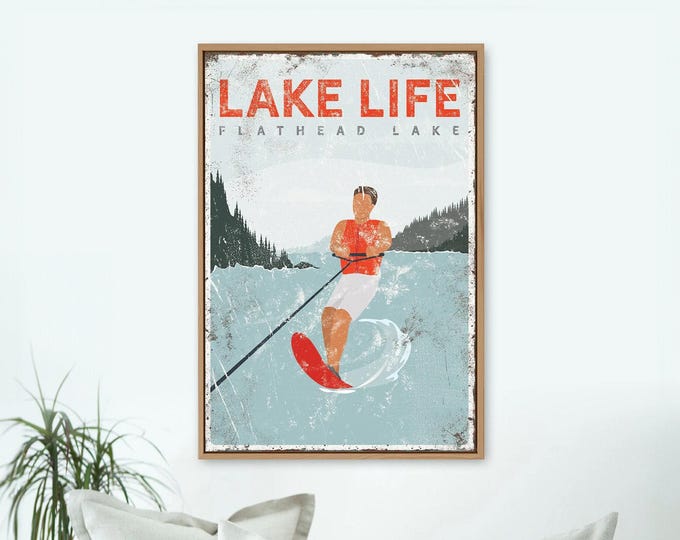 red LAKE LIFE sign > personalized water skiing poster for vintage lake house decor, slalom water ski gift for him, Flathead Lake art {vpl}
