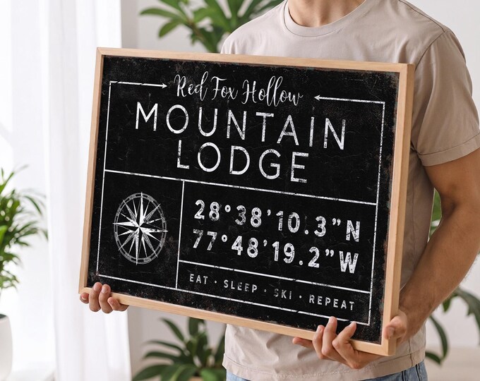 Personalized Mountain Lodge Sign: Custom Family Name & Coordinates