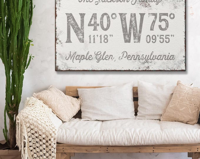 distressed COORDINATES sign, taupe gray last name canvas, personalized longitude latitude GPS art print for rustic farmhouse decor {gpw}