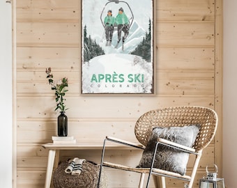 APRÈS SKI poster in mint for ski house decor, personalized mountain lodge wall art, custom sign on canvas (Breckenridge, Colorado) {vph}