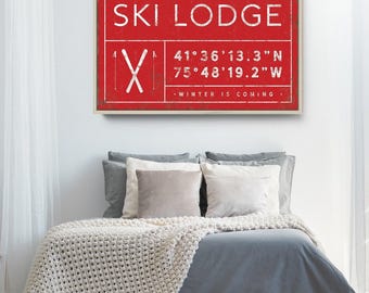 Winter Lodge Family Name Sign, Rustic Canvas (Custom Coordinates & Year)