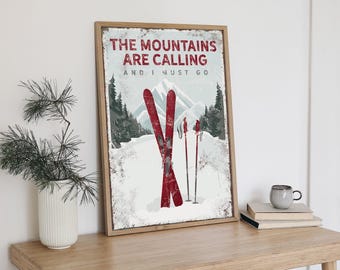 Personalized Ski Mountain Poster - Vintage Maroon Lodge Decor, The Mountains Are Calling