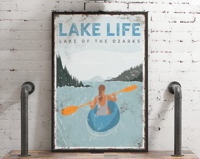 Personalized Lake Life Poster: Vintage Kayaking Art in Light Blue