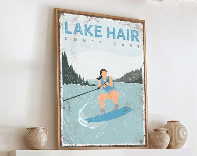 Lake House Decor Sign, Personalized Wakeboarding Art (Custom Text)