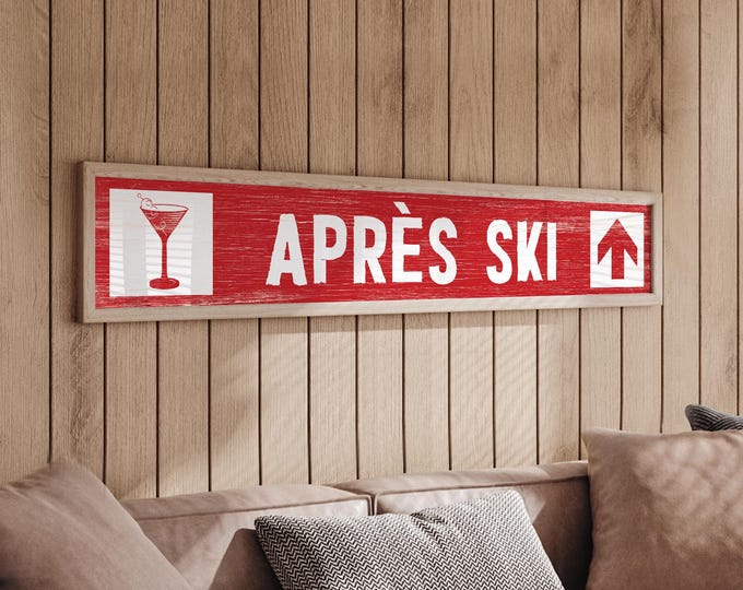Apres Ski Bright Red Bar Cart Wall Art, Cozy Ski Lodge Sign