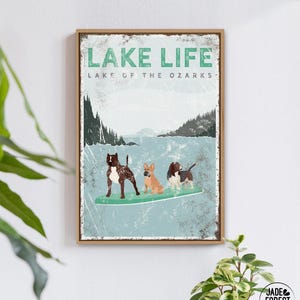 cartello LAKE LIFE alla menta, poster per paddleboarding con cani, arredamento vintage per case sul lago, pitbull, bulldog francese, basset hound, arte personalizzata per cani {vpl}