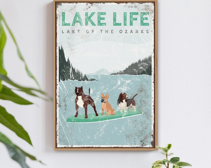 mint LAKE LIFE sign, dogs paddleboarding poster, vintage lake house decor, Pitbull, French Bulldog, Basset Hound, custom dog art {vpl}