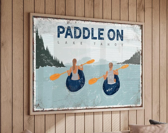 Vintage Navy Paddle Sign, Lake Tahoe Canvas, Couple Kayaking Gift, Retro Water Sports Art, Personalized Lake House Decor, Framed Print {VPL}