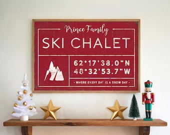 Personalized Mountain Retreat Sign - Ski Chalet Coordinates, Dark Red