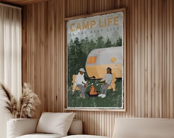 Mountain Cabin Camp Life Wall Art, Vintage RV Trailer Sign in Five Colorways