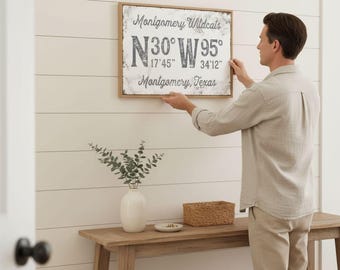 Modern Farmhouse Family Name Sign - Personalized GPS Coordinates