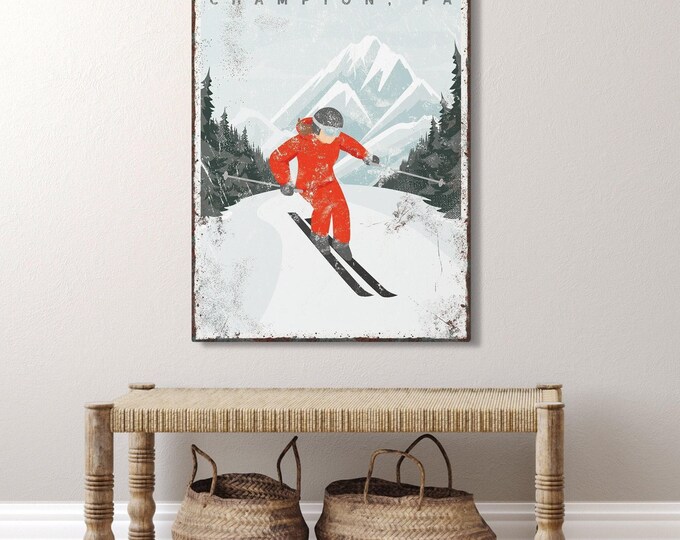 Personalized Gift, Vintage Ski House, Ski Lodge Wall Art, Custom Canvas Decor, Unique Skiing Sign, Seven Springs Pennsylvania Style {vpw}