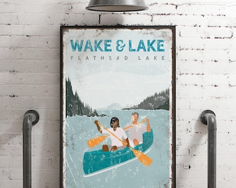 Custom Vintage Lake Sign, Canoe Couple, Rustic Style (Canvas or Aluminum)