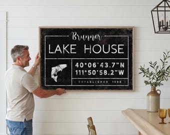 Fishing Gift Idea, Leaping Trout And GPS Coordinates, Black And White Lake House Sign
