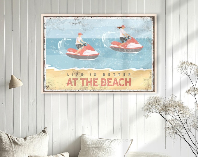 Beach Sign Canvas: Personalized Jet Skiing Couple - Coral Pink Jet Ski Poster