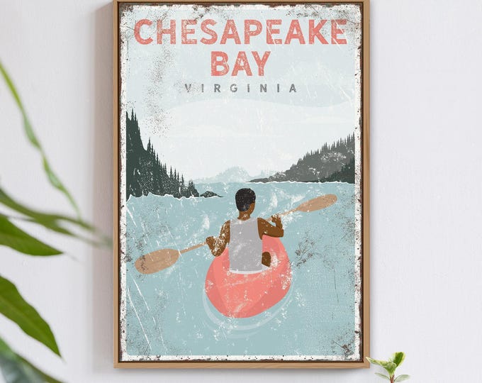 Kayak Lake Art, Coral Kayak Chesapeake Bay Virginia, Custom Name Lake House Sign Decor