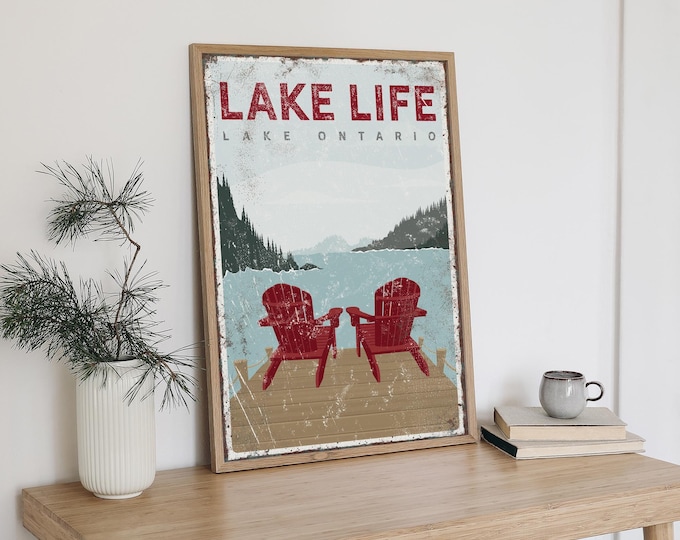 Adirondack Chairs Lake Sign, Dark Red Chairs on the Dock, Custom Lake Name Art