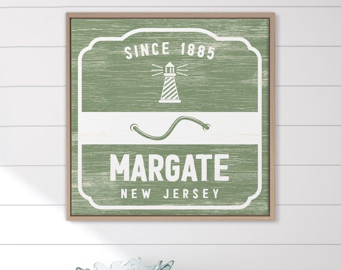 Jersey Sign, Margate Retro Beach Badge Lighthouse Wall Art in Sage Green, Shore House Gift
