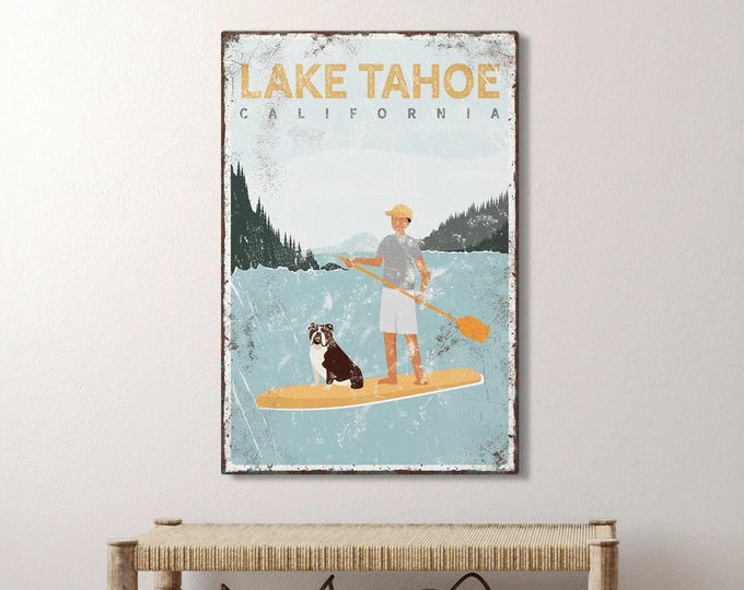 Lake House Wall Art, Vintage SUP Poster with Bulldog (Customizable Canvas)
