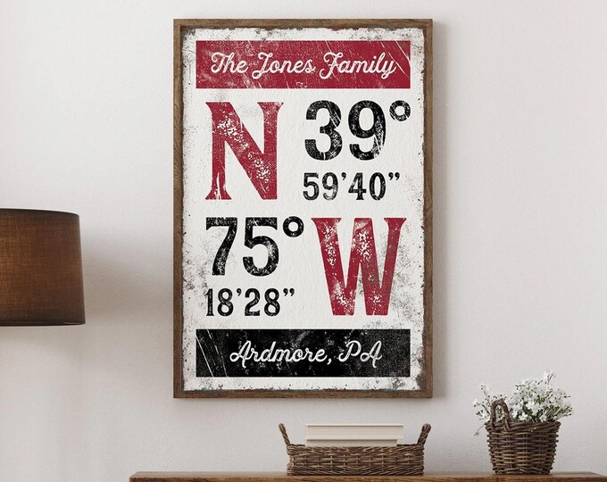 Vintage GPS Coordinates Wall Art - Dark Red, Black, Farmhouse