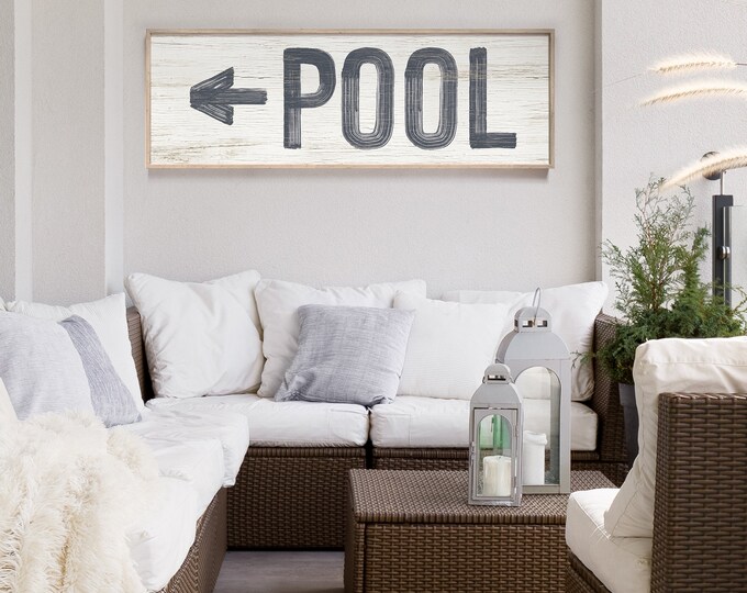 Vintage Pool Arrow Sign, Hale Navy on White Pool Wall Art, Long Skinny Pool Sign with Arrow, Realtor Closing Gift, Gift for Pool Owner {PWO}