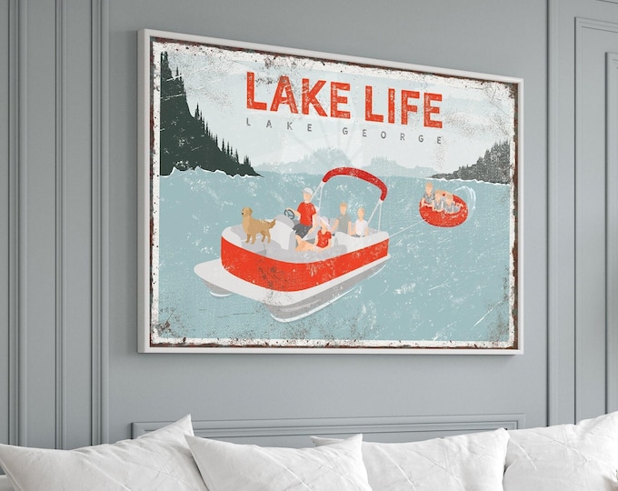 Vintage LAKE LIFE Sign, Family of Seven, Family Tubing on Pontoon Boat with dog, Family Vacation Keepsake, Retro Lake George Art {VPL}