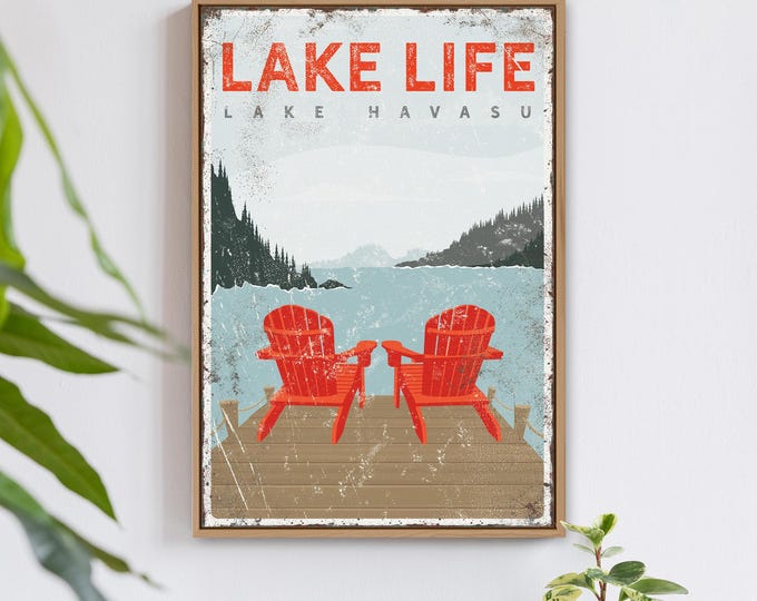 vintage ADIRONDACK CHAIRS SIGN, personalized Lake Life poster, lake dock with chairs sign, Lake Havasu Arizona, modern farmhouse decor vpl