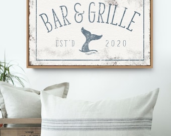 Personalized Bar & Grille Sign: Nautical Whale Art - Vintage Blue