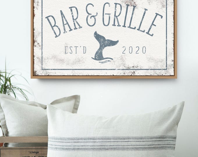 Personalized Bar & Grille Sign: Nautical Whale Art - Vintage Blue
