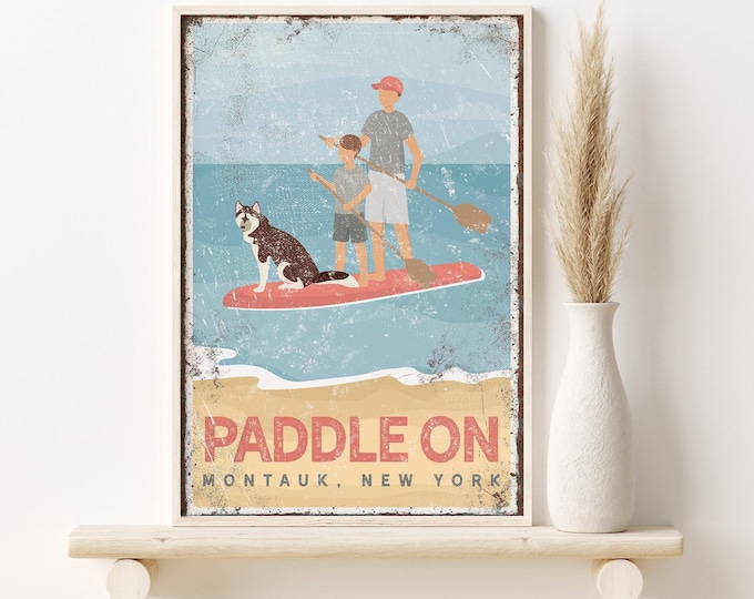 vintage BEACH PADDLEBOARD SIGN with dog, man and boy with husky, father and son, gift for dad, gift for dog lovers, vintage montauk ny {vpb}