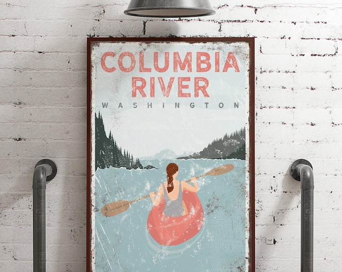 Custom kayak poster. Personalized coral pink wall art for vintage lake house decor. Woman kayaking on Columbia River, Washington. {vpl}
