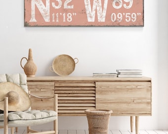Latitude Longitude Wall Art: Coral Typography - Modern Farmhouse Style