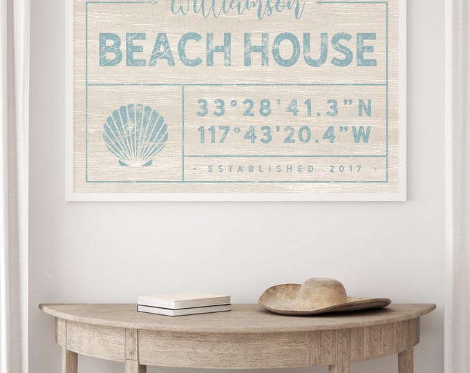 Personalized Beach House Sign: Family Name & Coordinates with Seashell Art