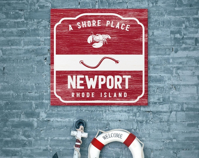 Lobster Print Beach Badge Sign, Personalized Newport Rhode Island Wall Art, Barn Red Coastal Decor