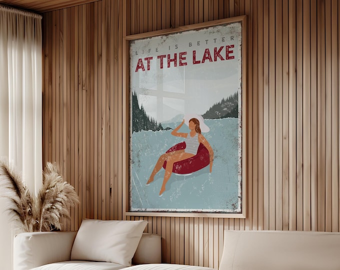 Life is Better at the Lake Poster, Wall Art for Lake House Decor, Woman Floating on Tube, Lake Gift for Mom, Can Be Personalized {vpl}