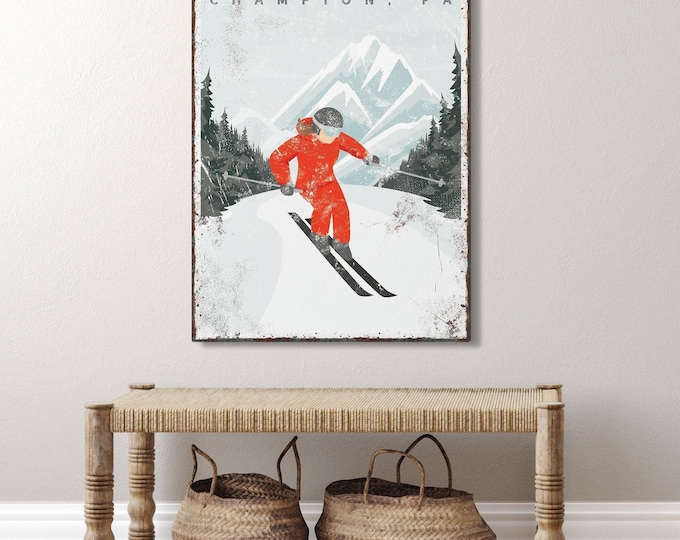 Vintage ski house decor canvas • Personalized skiing wall art for ski lodge • Custom ski house sign (Seven Springs, Pennsylvania art) {vpw}