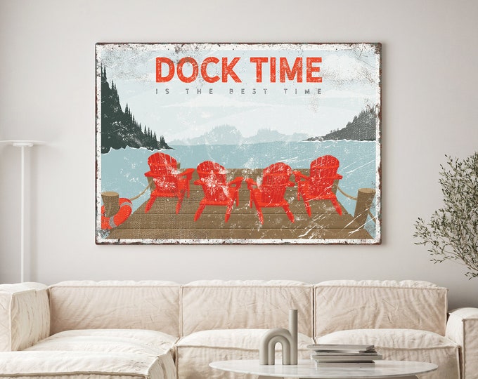 DOCK TIME is the Best Time Sign, Red Adirondack Chairs Poster, Personalized Lake House Art, Retro Coastal Decor, Lake Dock Landscape {VPL}