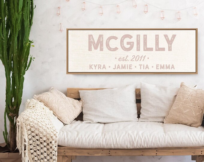 blush pink LAST NAME canvas, distressed farmhouse sign, custom name & year established + kids names, shabby chic boho wall art print {s}