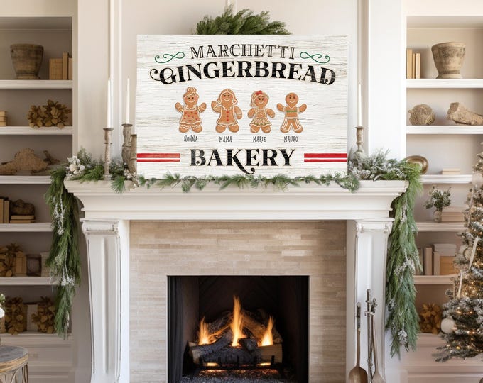 Gingerbread Cookies Sign, Personalized Family Bakery with Four Names in Red and Green, Mantle