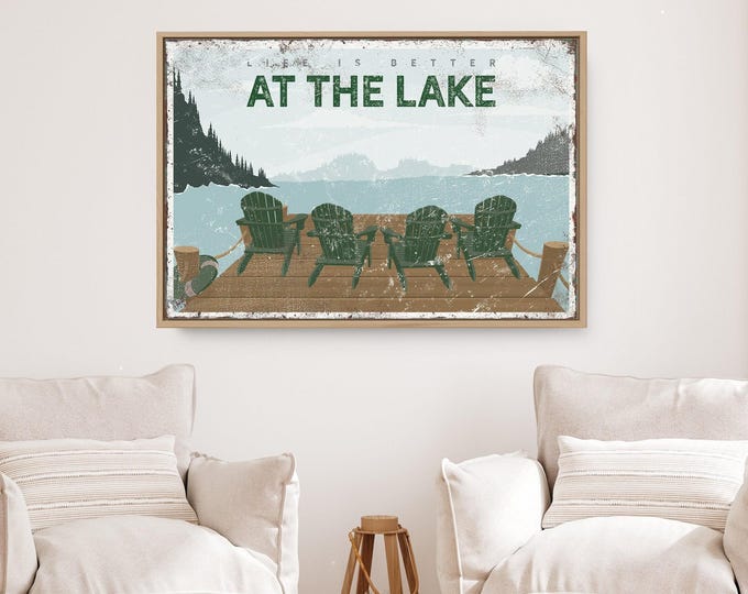 Adirondack Chairs Dock Print, Green Chairs By The Lake, Life Is Better Quote
