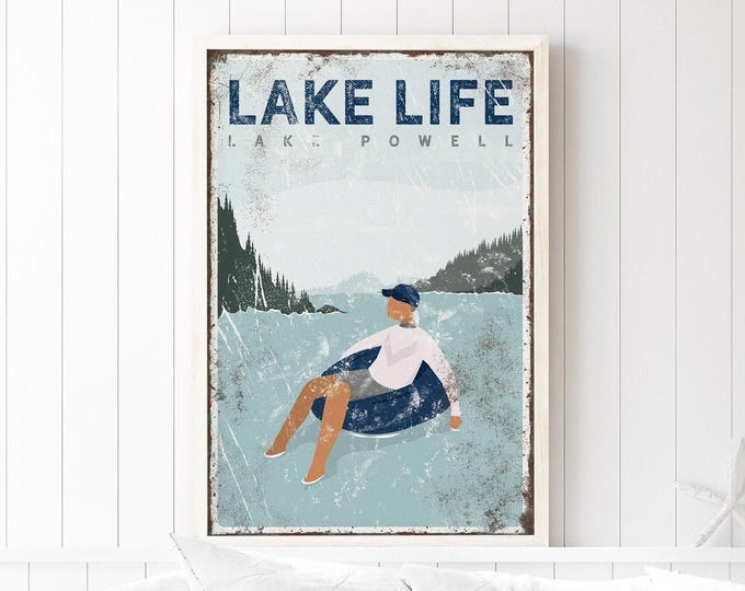 navy LAKE LIFE sign > personalized nautical blue lake house decor, lake tubing poster, sunbathing print for farmhouse (Lake Powell) {VPL}