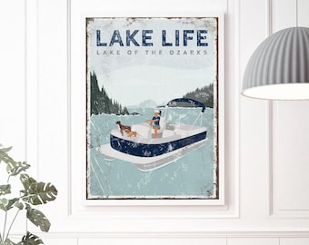 Lake Life Wall Art: Personalized Pontoon Boat and Dogs (Navy Blue)