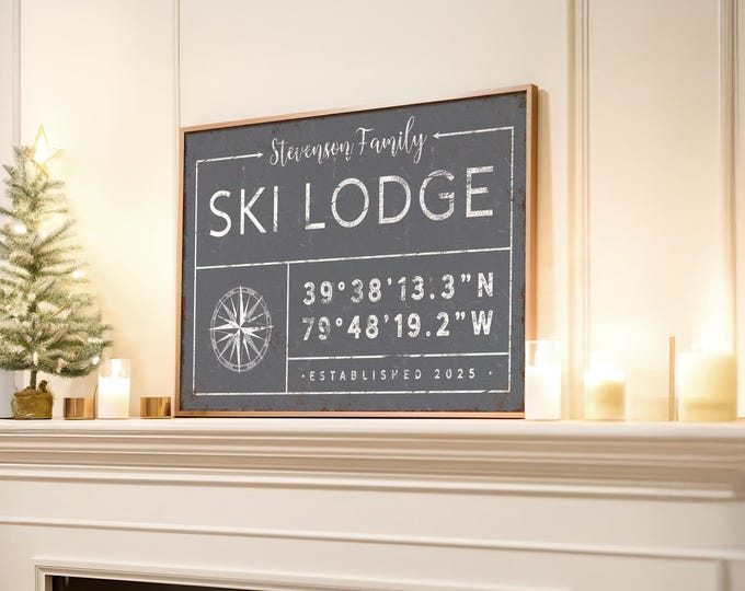 Personalized Ski Lodge Sign - Slate Gray Compass with Custom Coordinates