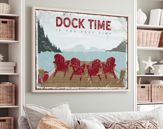 Vintage DOCK TIME is the Best Time Sign, Maroon Adirondack Chair Poster, Personalized Lake House Decor, Retro Lake Art, Lake Landscape {VPL}