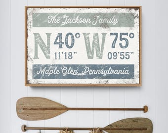 Family Coordinates Personalized With Your Family Name, Dusty Blue Wall Art