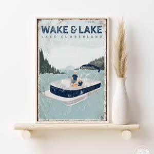 Personalized COUPLE Pontoon Boat Poster, Retro Wake and Lake Sign, Lake Cumberland, Couple on Boat, Vintage Lake House Decor {vpl}