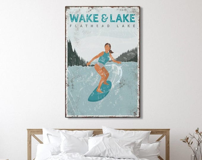Wake Surfing Wall Art: Personalized Vintage Lake Sign - Wake & Lake, or Custom Text