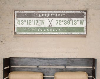 Vintage Apres Ski Sign: Personalized GPS Coordinates, Brown & Green