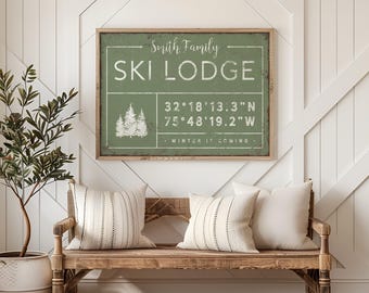 Ski Lodge Coordinates Sign, Custom Family Name (Canvas or Wood Frame)