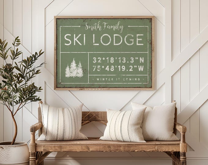 Ski Lodge Coordinates Sign, Custom Family Name (Canvas or Wood Frame)